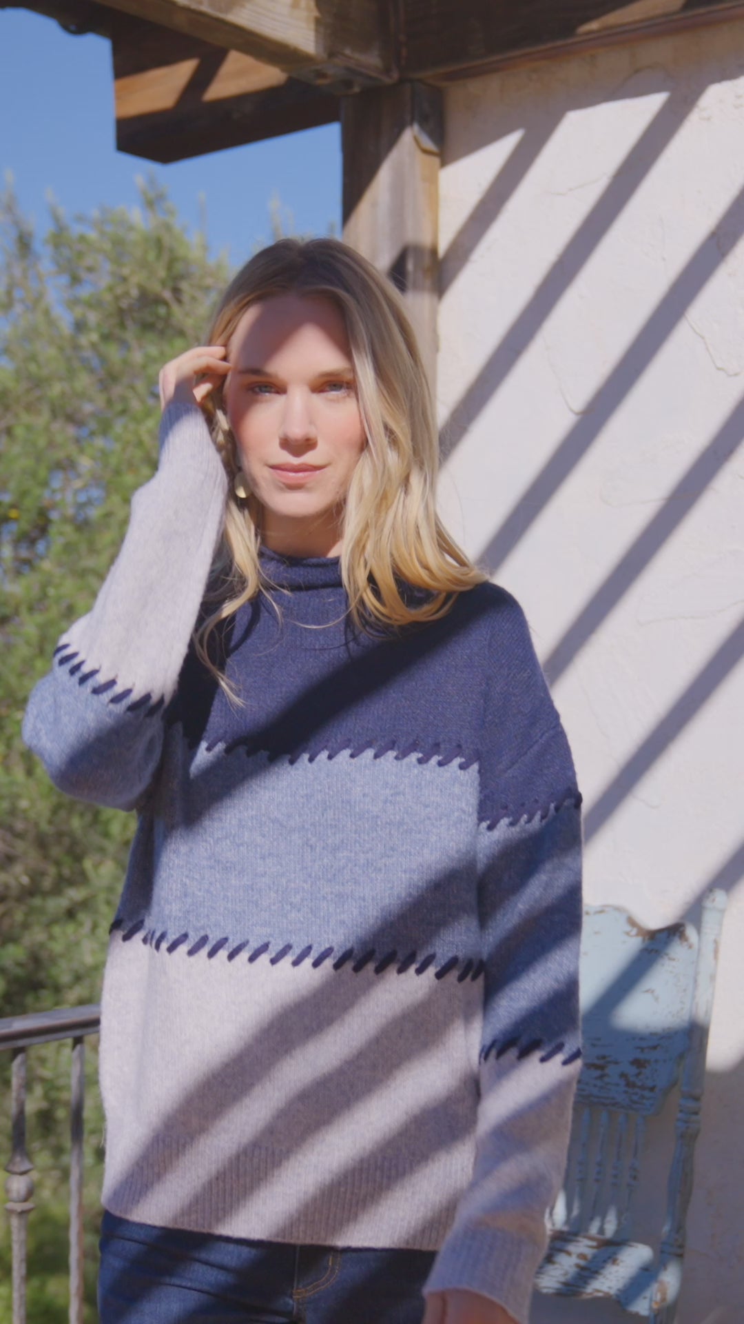 Contrast Stitch Mock Neck Colorblock Sweater