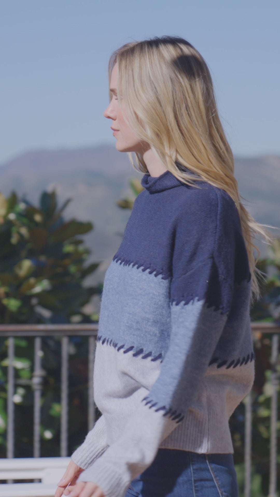 Petite Size Contrast Stitch Mock Neck Colorblock Sweater