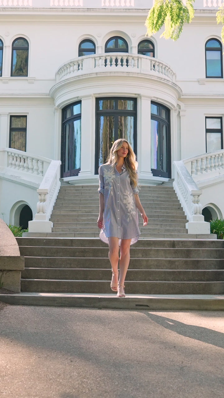 Roll-Tab Stripe Embroidered Shirtdress