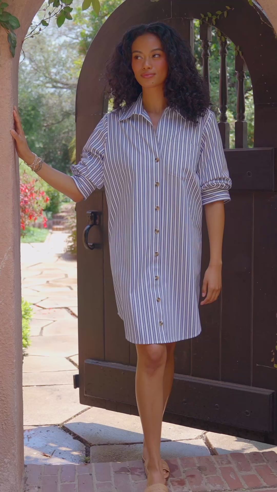 Stripe Ruched Sleeve Shirtdress