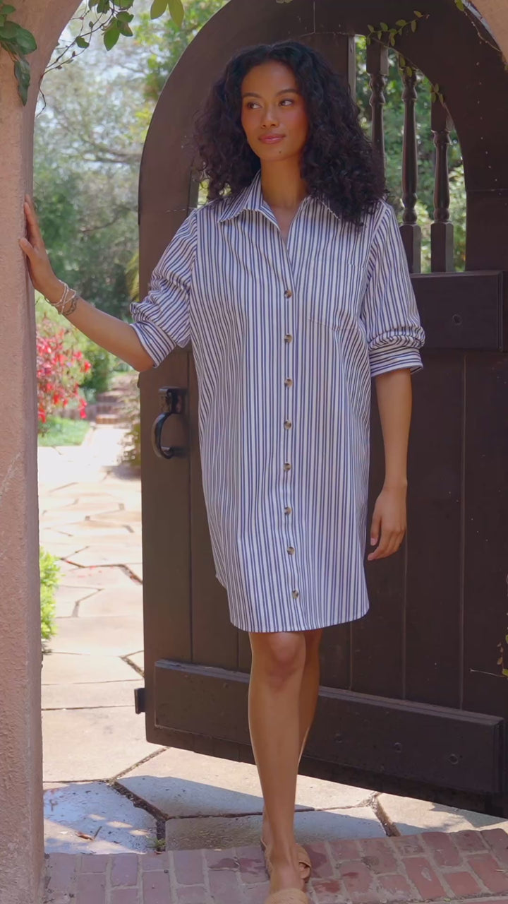 Stripe Ruched Sleeve Shirtdress