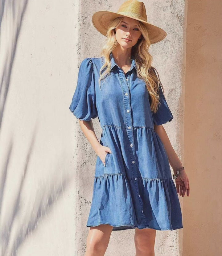 Puff Sleeve Tiered Shirtdress