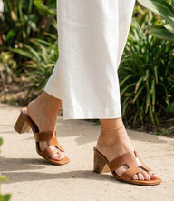 Billini Elcie Cut Out Sandals tan slip-on with square toe, low block heel, and bold cut-out strap detailing