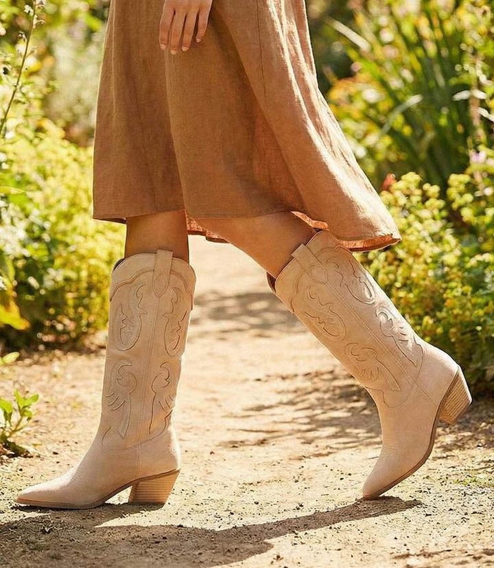 Billini Tulie Boots soft beige wide-fit Western-style boots with semi-pointed toe and low block heel