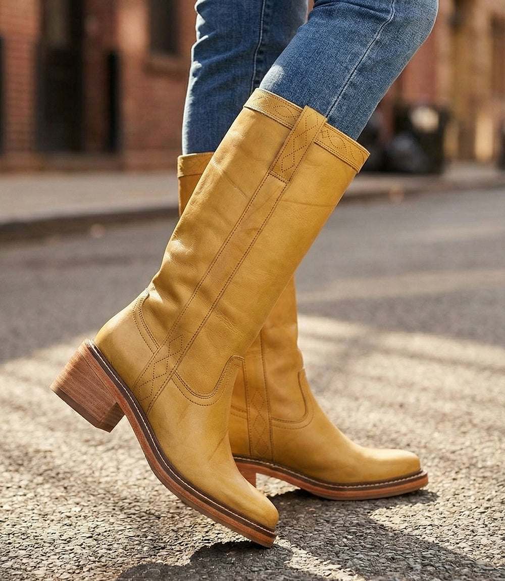 Frye Kate Pull On Riding Boots in yellow mustard with square toe and stacked block heel