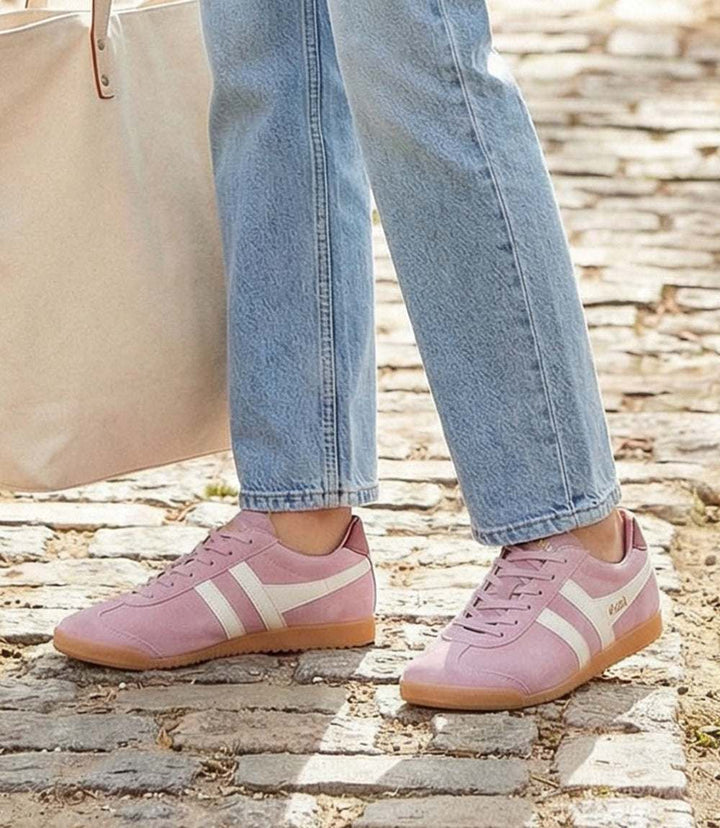 Gola Elan Classic Sneakers in soft pink suede with white leather stripes and gold logo on gum sole