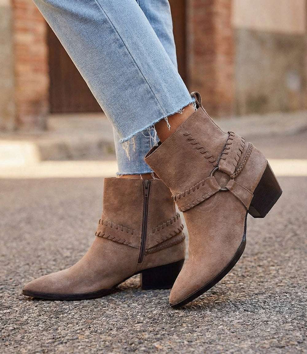 Seychelles Easy Peasy taupe suede ankle boots with pointed toe and low block heel
