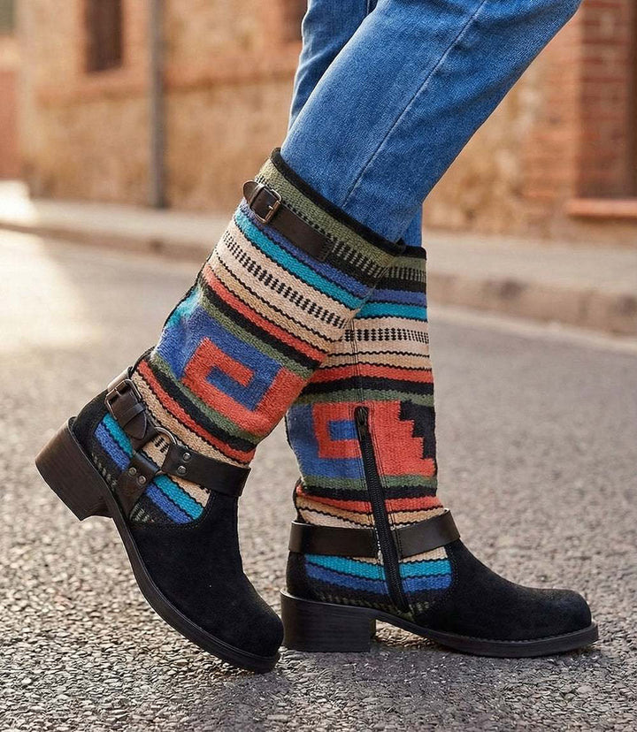 Seychelles Willie Southwestern Boots black suede leather with vibrant woven shaft and low block heel