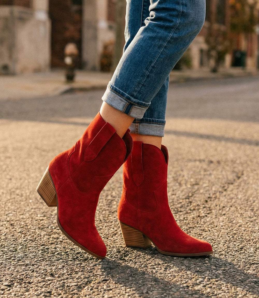 Seychelles Line Dance Western red leather boots with pointed toe and stacked heel