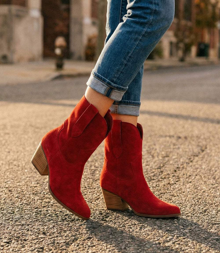 Seychelles Line Dance Western red leather boots with pointed toe and stacked heel