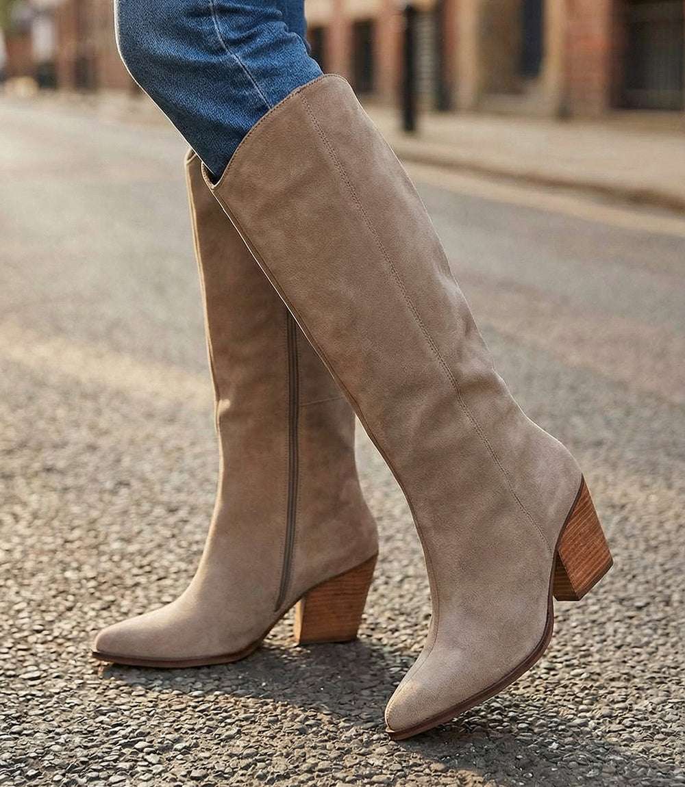 Pointed toe Western boots in soft suede with 3-inch heel and 17-inch shaft height