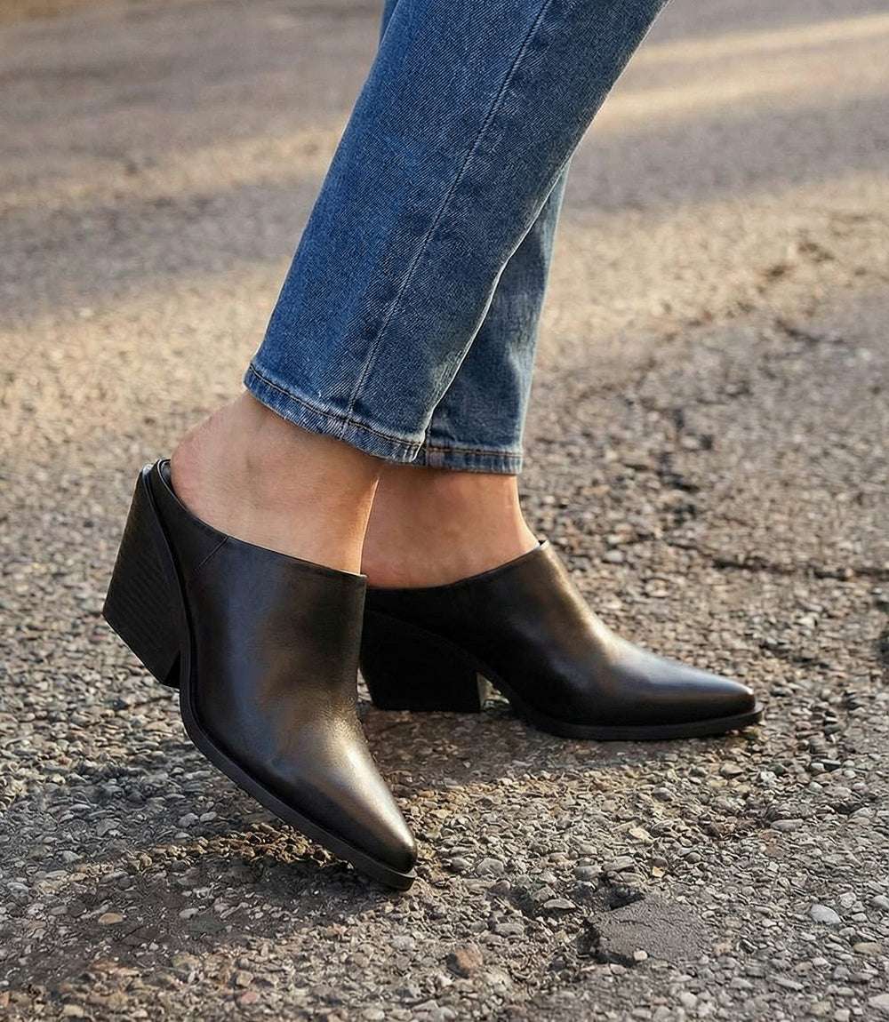 Seychelles Morning Joe Mule Boots sleek black leather pointed toe backless slip-on heels