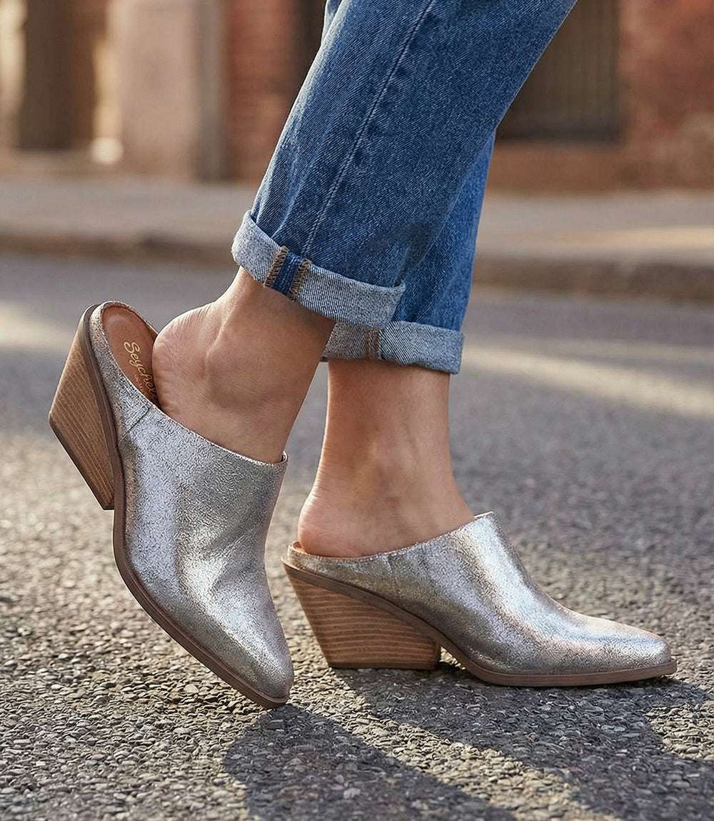 Seychelles Morning Joe pewter suede mules with pointed toe and stacked heel