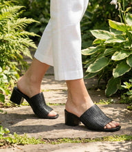 Seychelles Pepper 2 black woven mid heel sandals with square toe and slip-on design
