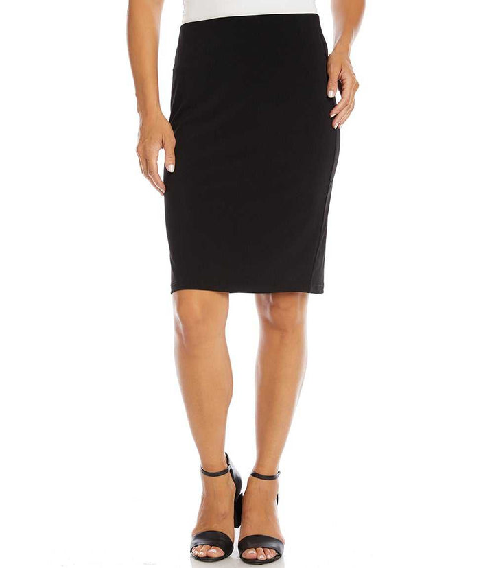 Black travel pencil skirt with elastic waistband and wrinkle-resistant fabric, knee-length silhouette.