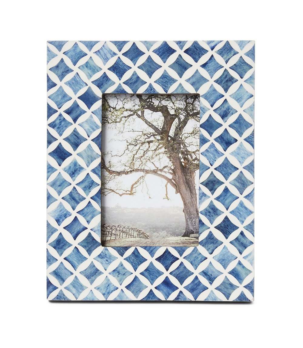 Handcrafted mosaic bone picture frame with blue and white geometric pattern for 4x6 photos