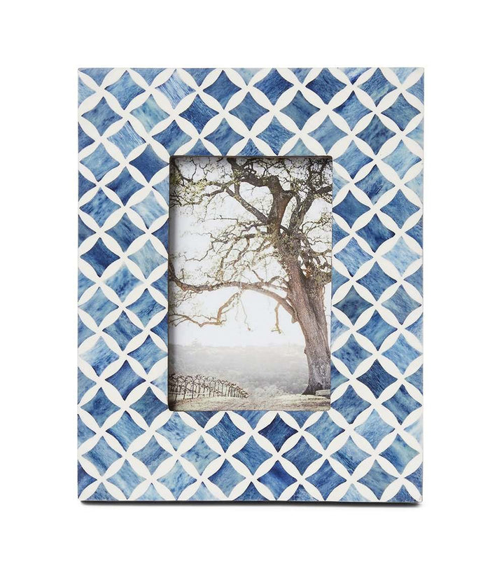 Handcrafted mosaic bone picture frame with blue and white geometric pattern for 4x6 photos