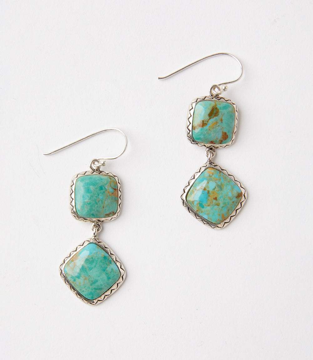 Double drop turquoise earrings with sterling silver setting and handcrafted design