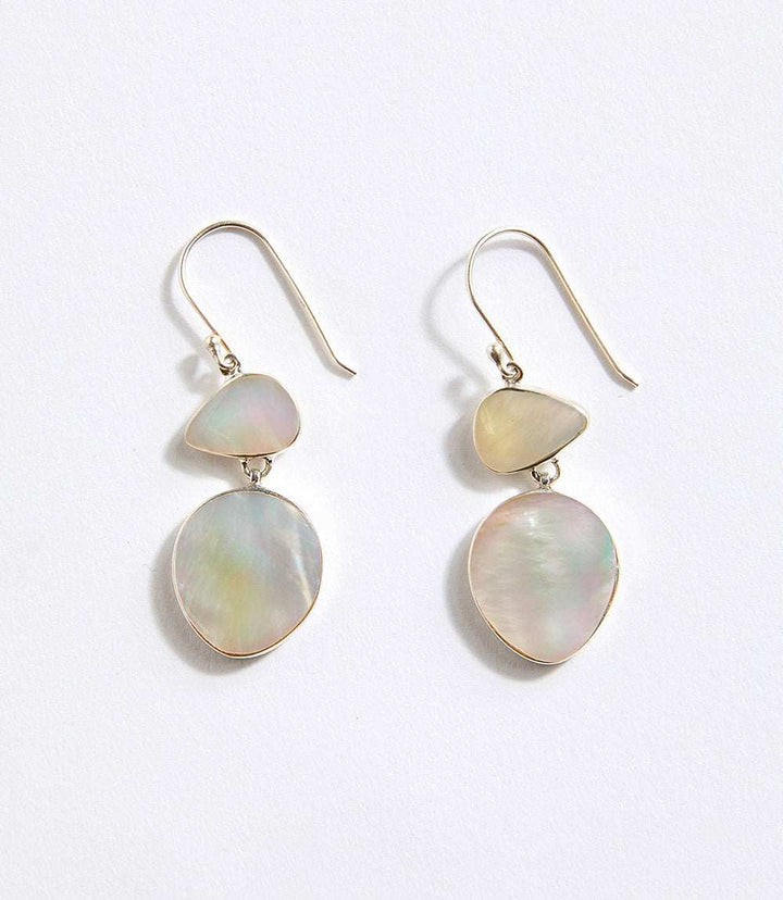 Two Drop Mother of Pearl Earrings handcrafted with polished sterling silver and French wire setting