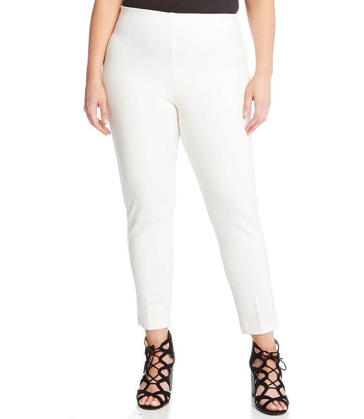 Plus size white Piper pants with cigarette fit and elastic waistband on model