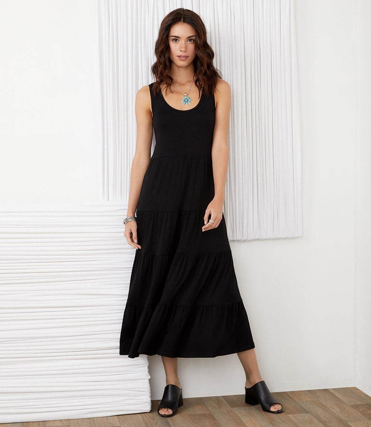 Black Petite Size Tiered Midi Dress