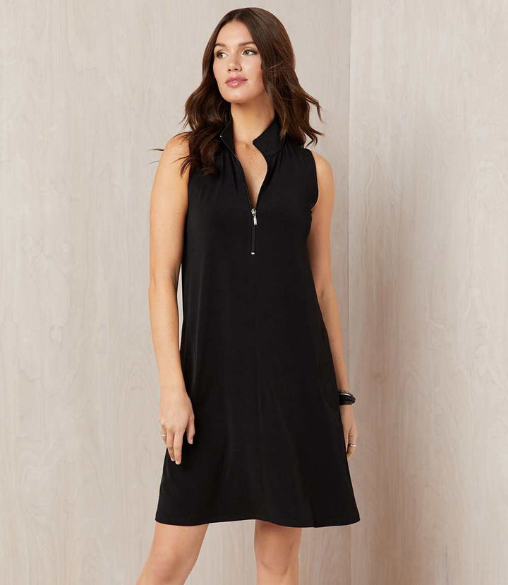 Petite size sleeveless zip-up travel dress in black wrinkle-resistant jersey with front pockets and relaxed fit