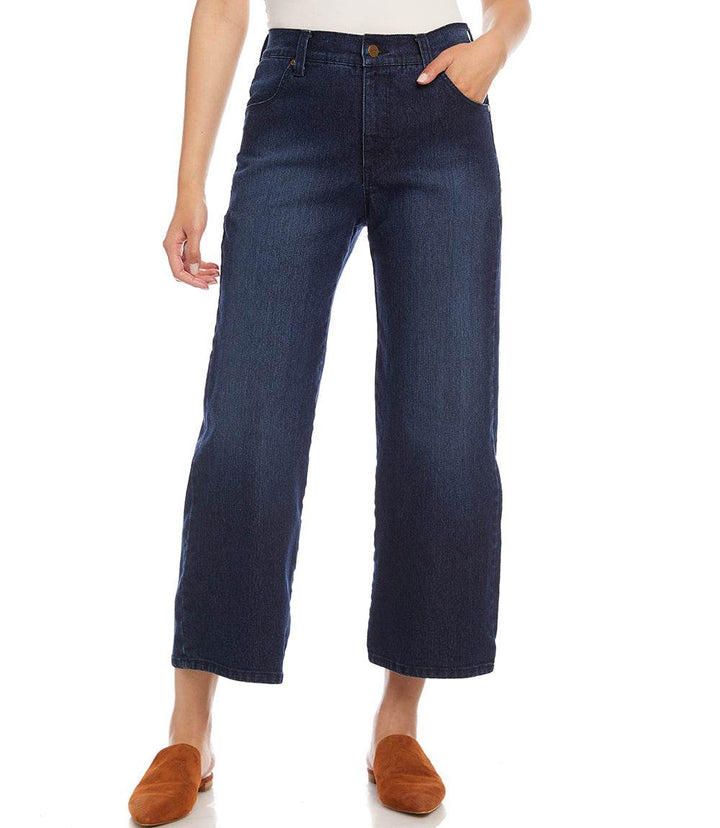 Dark denim wide leg cropped jeans with mid-rise fit and ankle-length hem
