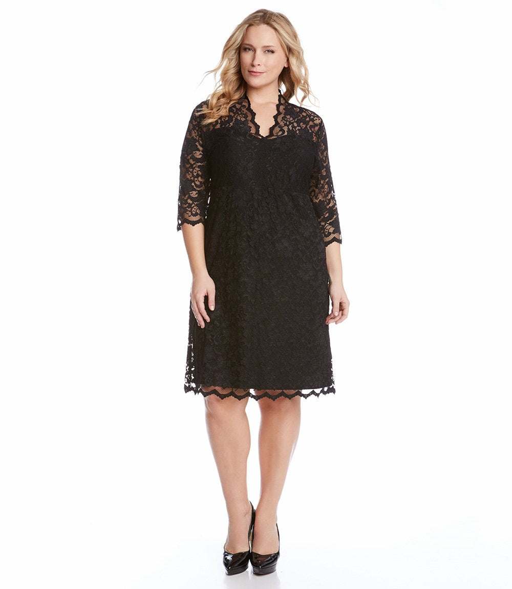Karen Kane Plus Size V Neck Scallop Lace Dress, 0X, Black
