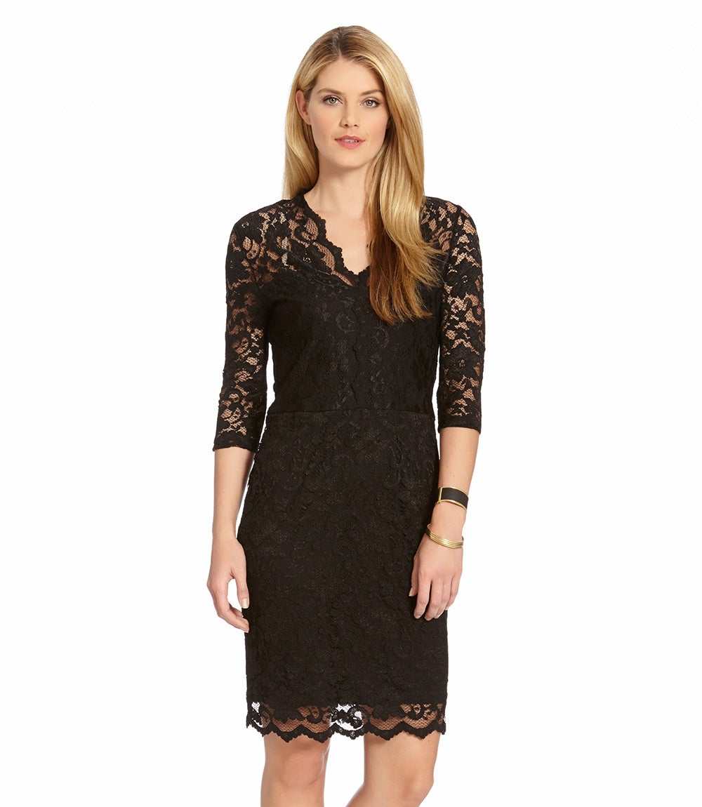Petite size V-neck black scallop lace dress with 3/4 sleeves and floral pattern