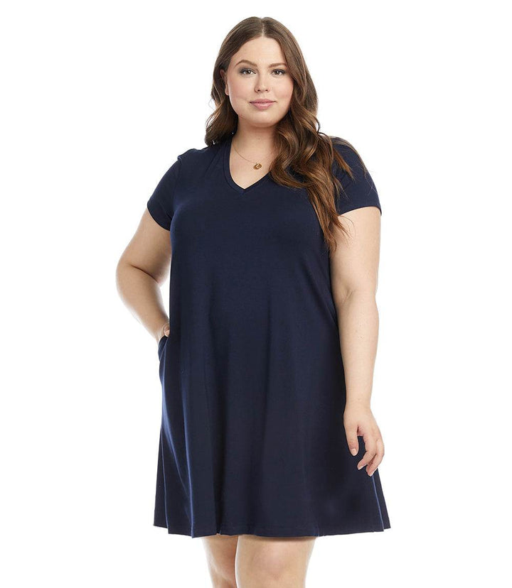 Plus Size Quinn V-Neck navy blue jersey dress with short sleeves and side pockets