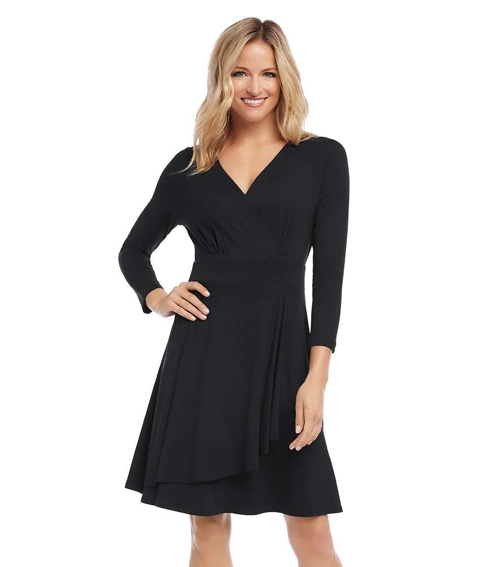 wrap around neck dress Karen Kane Women's Faux Wrap Drape Dress, M, Black, Rayon/Spandex