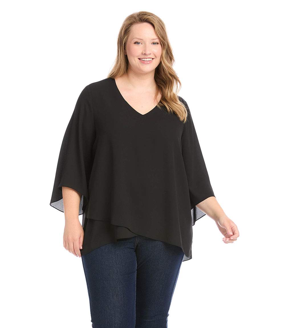 Plus size bracelet sleeve asymmetric black top with V-neck and layered hem