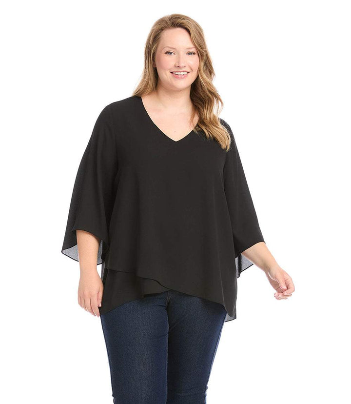 Plus size bracelet sleeve asymmetric black top with V-neck and layered hem