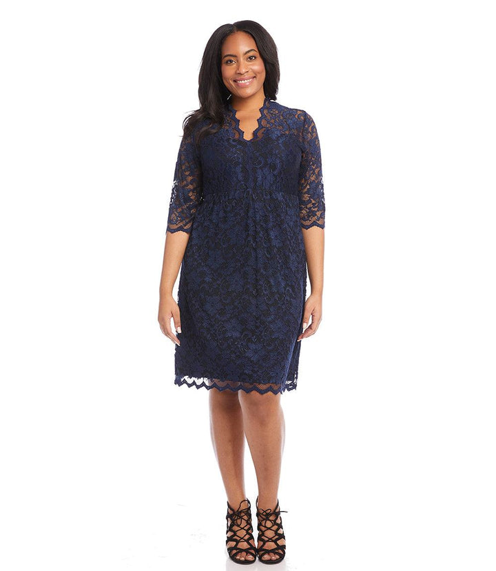 Plus size navy blue V-neck scallop lace dress with 3/4 sleeves and body-skimming silhouette