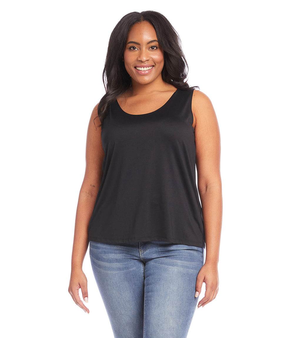 Plus size scoop tank in black with relaxed fit and sleeveless design, made of super soft knit fabric