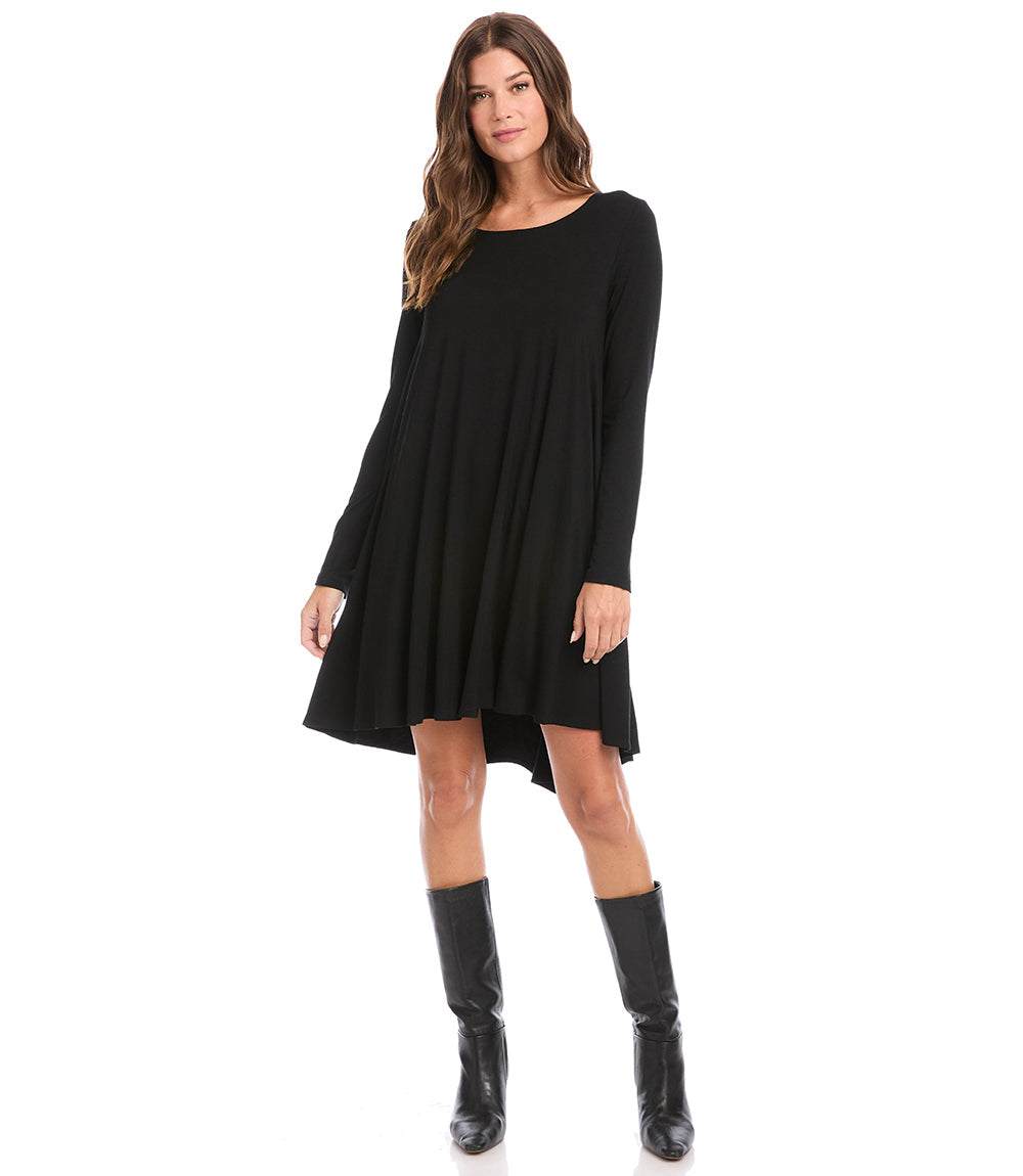 Petite size long sleeve black trapeze dress with scoop neckline and high-low hem