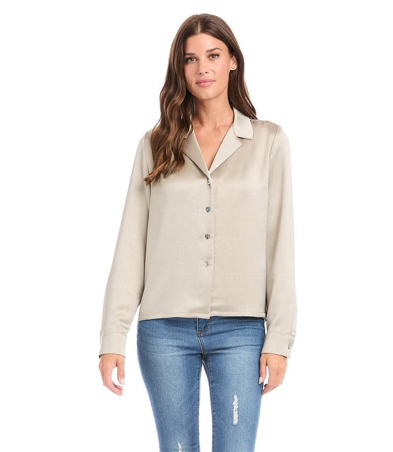 Taupe Long Sleeve Button-Up Shirt | Karen Kane