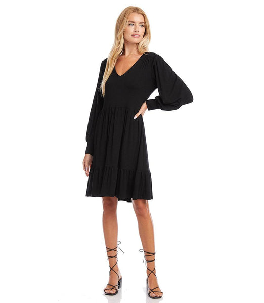 Black Petite Size Long Sleeve Tiered Dress Karen Kane