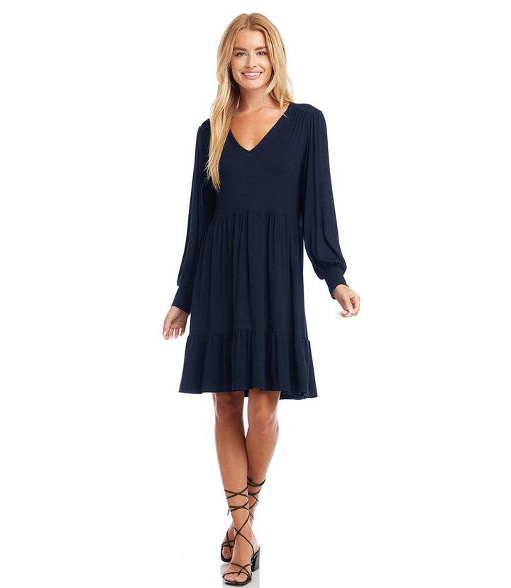 Petite size long sleeve navy tiered dress with V-neck and blouson sleeves