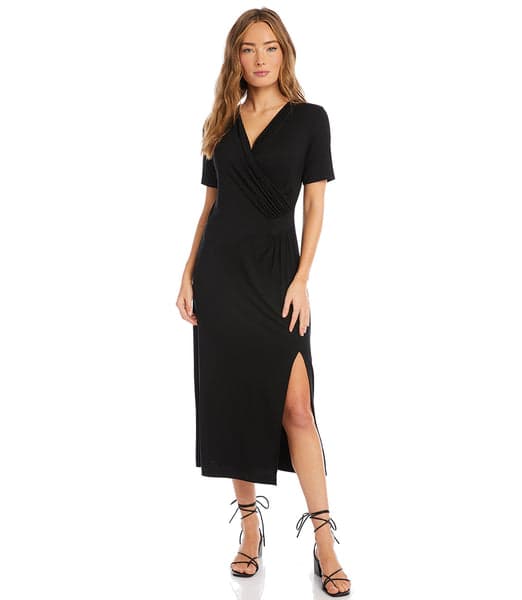 Black Petite Size Faux Wrap Midi Dress | Karen Kane