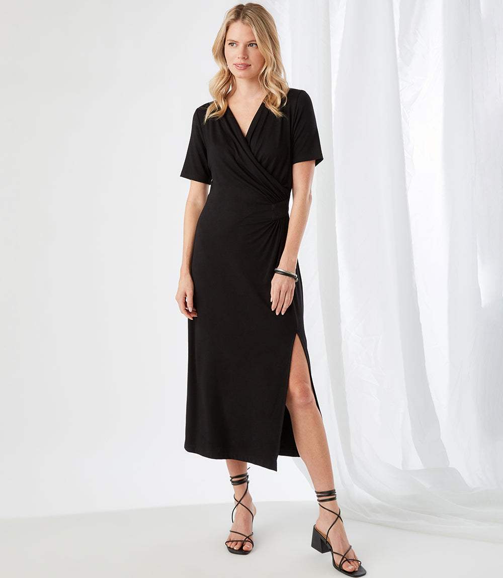 Faux Wrap Midi Dress Petite Size Elegant Evening Dress – Karen Kane