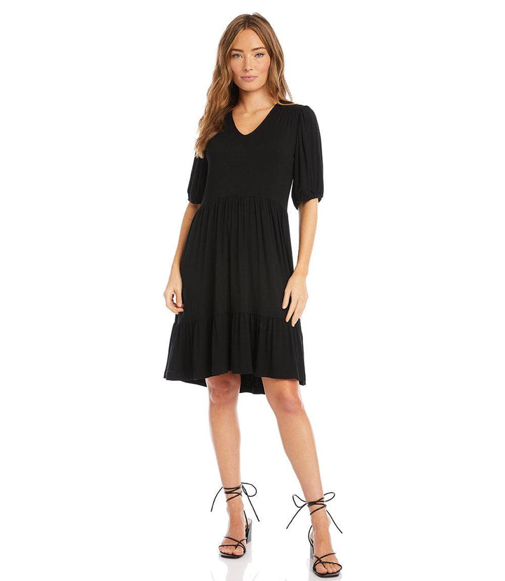 Petite size black V-neck dress with puff sleeves and tiered skirt in rayon spandex jersey