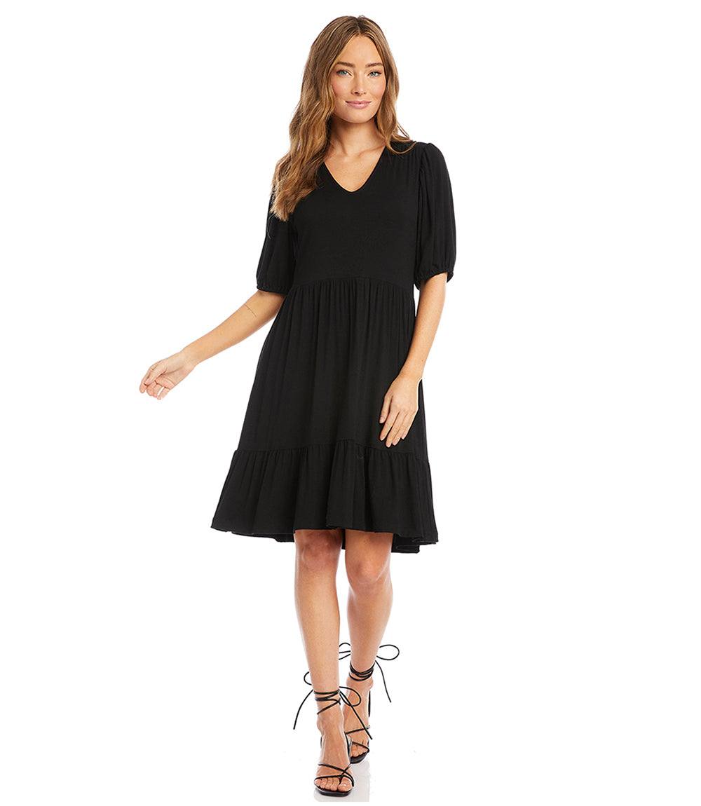 Petite Size Puff Sleeve Dress with Tiered Skirt and V-Neck – Karen