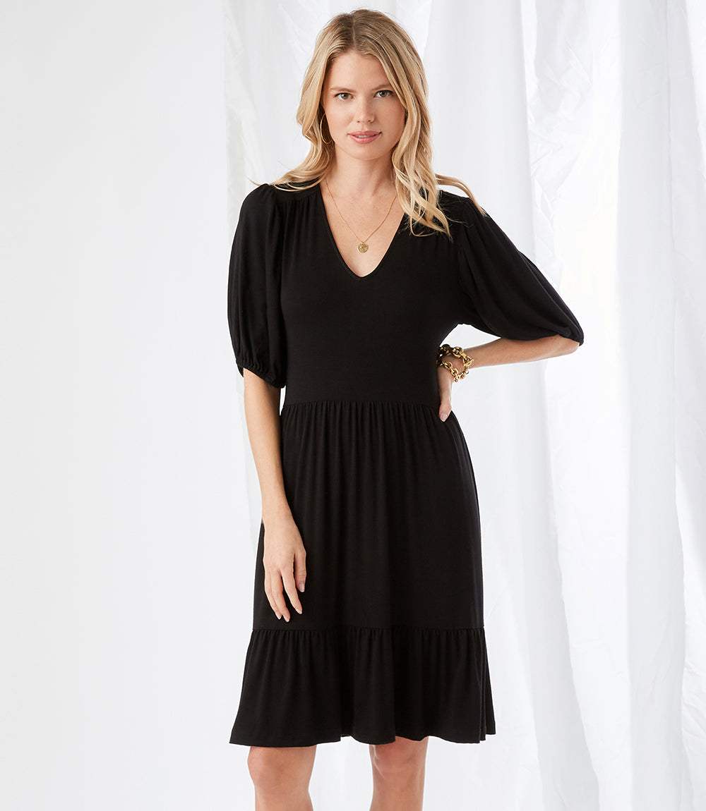 Karen Kane Puff Sleeve Tiered Dress Women's Dress Black : XL