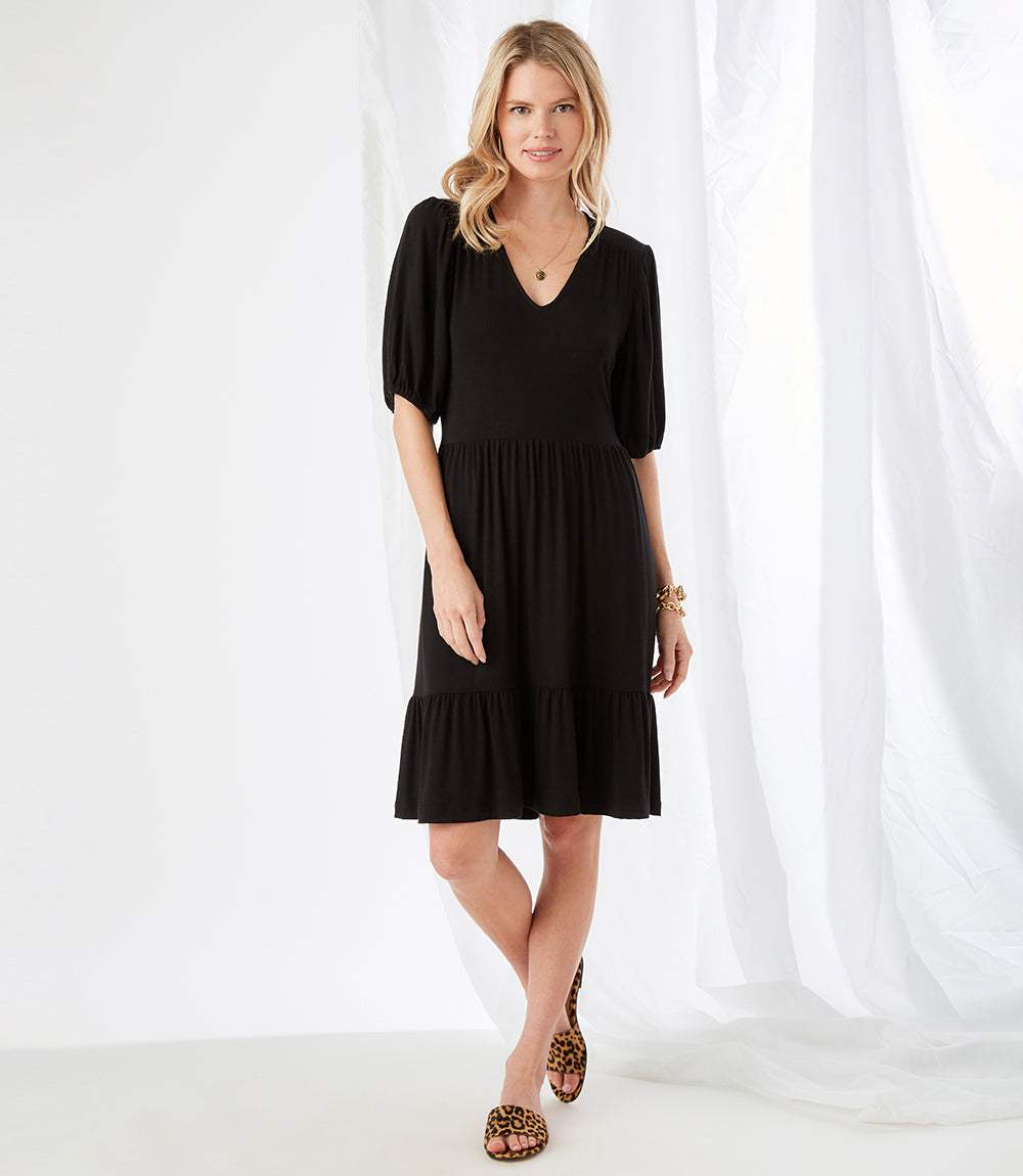 Karen Kane Puff Sleeve Tiered Dress Women's Dress Black : XL Karen Kane Puff Sleeve Tiered Dress Women's Dress Black : XL