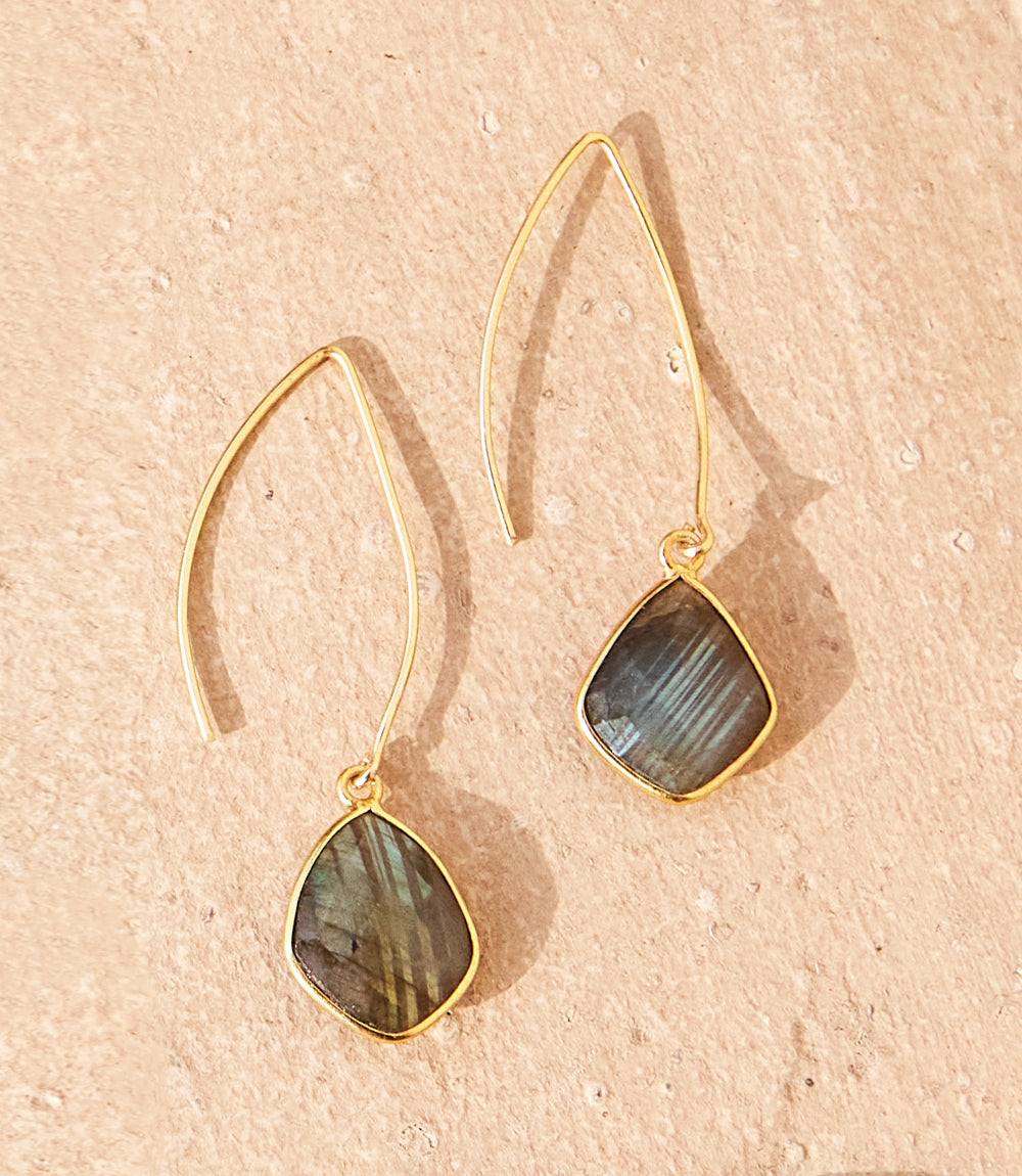 18 karat gold gemstone drop earrings with natural labradorite stones and French wire design